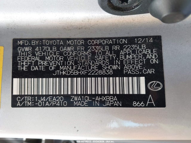 44709312 :رقم المزاد ، JTHKD5BHXF2228838 vin ، 2015 Lexus Ct 200h مزاد بيع