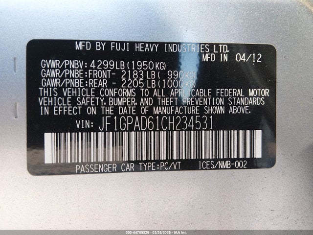 2012 Subaru Impreza 2.0i Premium მანქანა იყიდება აუქციონზე, vin: JF1GPAD61CH234531, აუქციონის ნომერი: 44709325