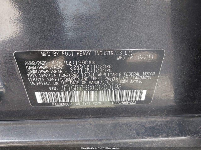 44709343 :رقم المزاد ، JF1GR7E6XCG200198 vin ، 2012 Subaru Impreza Wrx Premium مزاد بيع