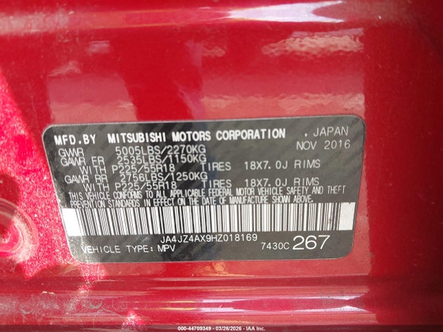 Aukcja sprzedaży 2017 Mitsubishi Outlander Gt, vin: JA4JZ4AX9HZ018169, numer aukcji: 44709349