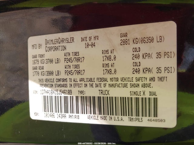 44709352 :رقم المزاد ، 1D7HA16N15J546189 vin ، 2005 Dodge Ram 1500 St مزاد بيع