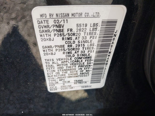 Продаж на аукціоні авто 2011 Infiniti Fx35, vin: JN8AS1MW4BM732327, номер лоту: 44709358
