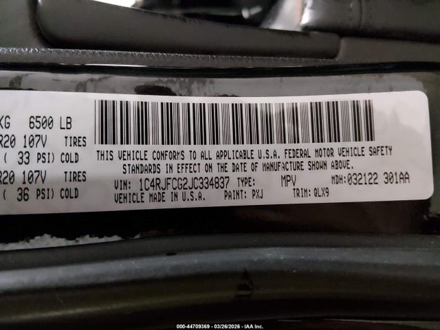 Продаж на аукціоні авто 2018 Jeep Grand Cherokee High Altitude 4x4, vin: 1C4RJFCG2JC334837, номер лоту: 44709369