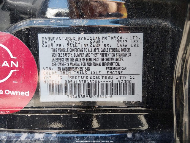 Продаж на аукціоні авто 2021 Nissan Sentra S Xtronic Cvt, vin: 3N1AB8BV5MY251648, номер лоту: 44709378
