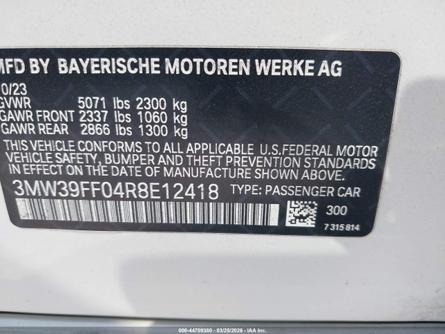 Aukcja sprzedaży 2024 Bmw 330e, vin: 3MW39FF04R8E12418, numer aukcji: 44709380