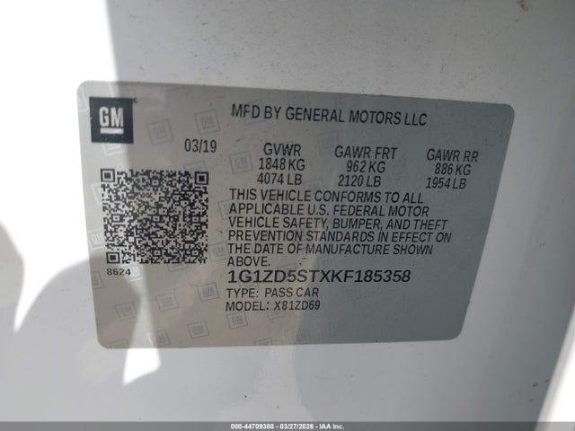 Aukcja sprzedaży 2019 Chevrolet Malibu Lt, vin: 1G1ZD5STXKF185358, numer aukcji: 44709388