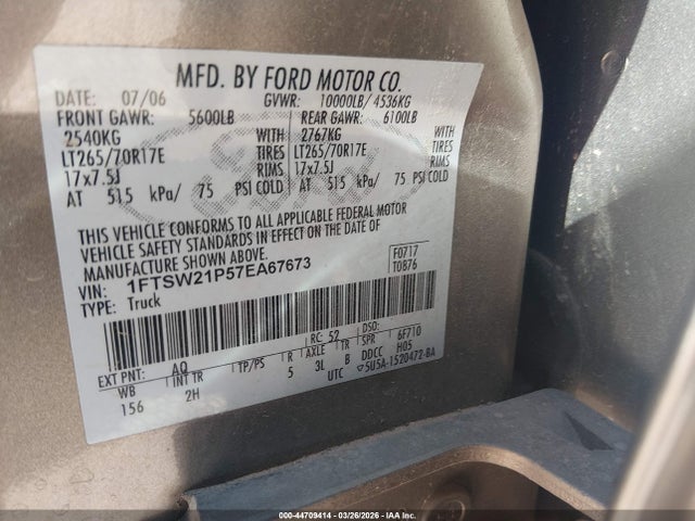 Продаж на аукціоні авто 2007 Ford F-250 Lariat/xl/xlt, vin: 1FTSW21P57EA67673, номер лоту: 44709414