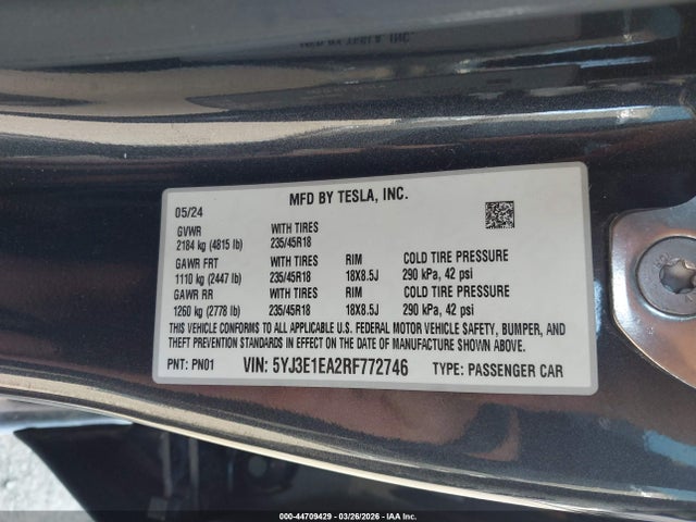 2024 Tesla Model 3 Long Range Dual Motor All-wheel Drive/rear-wheel Drive მანქანა იყიდება აუქციონზე, vin: 5YJ3E1EA2RF772746, აუქციონის ნომერი: 44709429