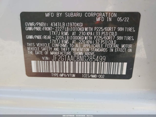 JF2GTAAC8NG285499 Subaru Crosstrek