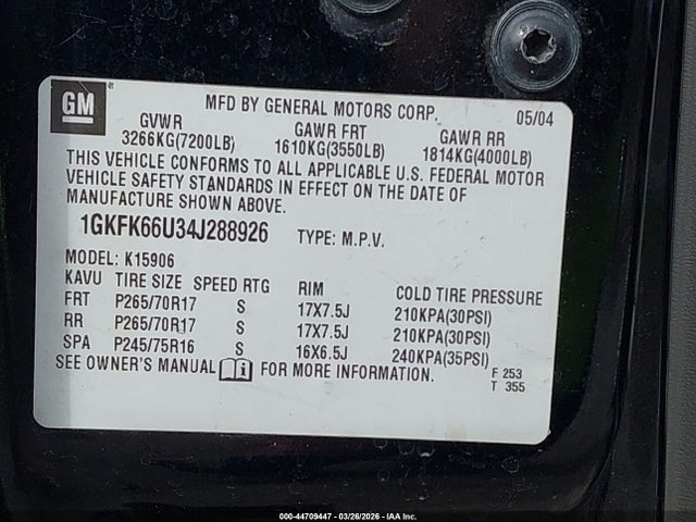 44709447 :رقم المزاد ، 1GKFK66U34J288926 vin ، 2004 Gmc Yukon Xl 1500 Denali مزاد بيع
