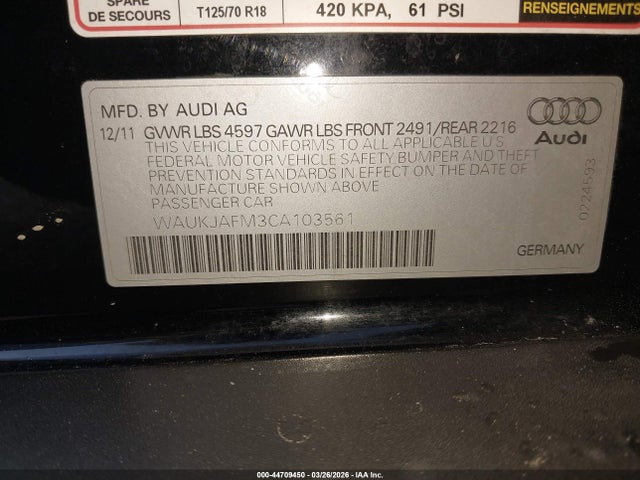 44709450 :رقم المزاد ، WAUKJAFM3CA103561 vin ، 2012 Audi A3 2.0 Tdi Premium مزاد بيع