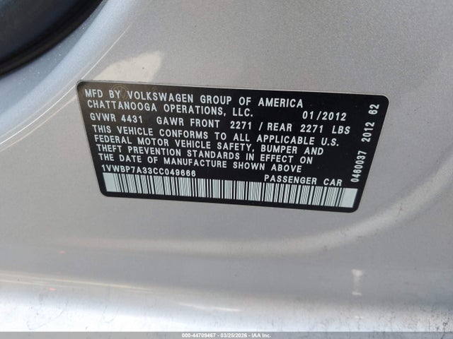 44709467 :رقم المزاد ، 1VWBP7A33CC049666 vin ، 2012 Volkswagen Passat 2.5l Se مزاد بيع