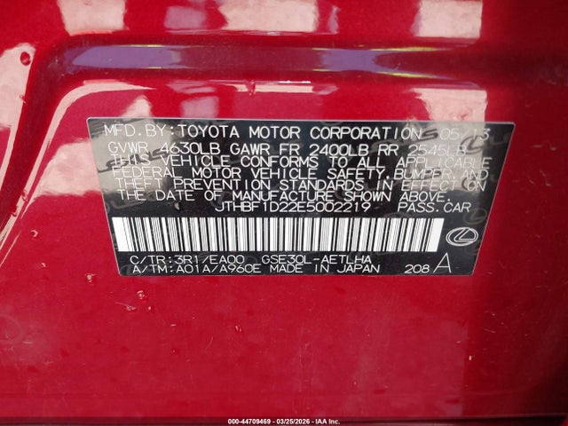 Aukcja sprzedaży 2014 Lexus Is 250, vin: JTHBF1D22E5002219, numer aukcji: 44709469