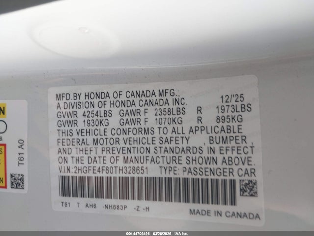 Aukcja sprzedaży 2026 Honda Civic Hybrid Sport/sport Touring, vin: 2HGFE4F80TH328651, numer aukcji: 44709496