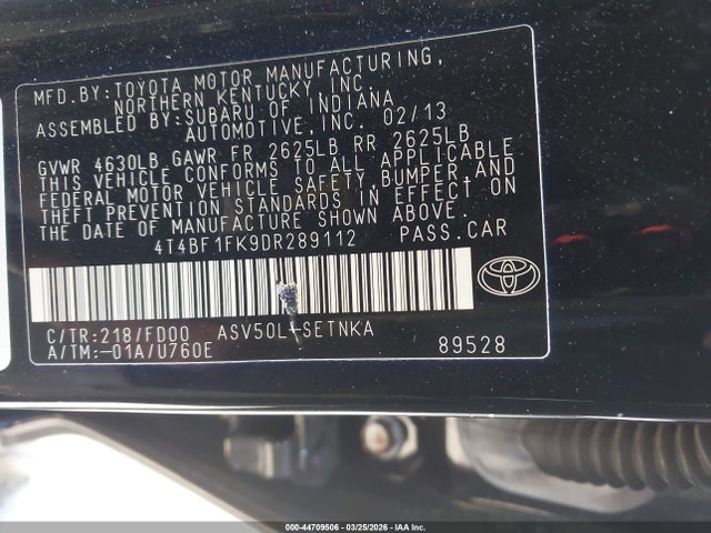 44709506 :رقم المزاد ، 4T4BF1FK9DR289112 vin ، 2013 Toyota Camry Le مزاد بيع