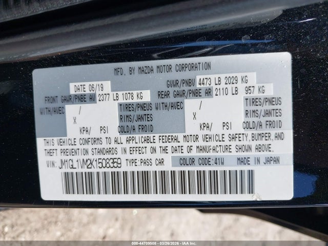 Aukcja sprzedaży 2019 Mazda Mazda6 Touring, vin: JM1GL1VM2K1508359, numer aukcji: 44709508