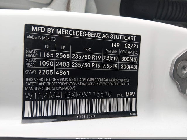 Aukcja sprzedaży 2021 Mercedes-benz Glb 250 4matic, vin: W1N4M4HBXMW115610, numer aukcji: 44709517