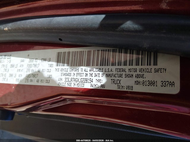 44709525 :رقم المزاد ، 3C6JR7AGXJG228154 vin ، 2018 Ram 1500 Tradesman  4x4 6'4 Box مزاد بيع