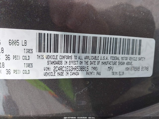 Auction sale of the 2017 Chrysler Pacifica Touring-l Plus, vin: 2C4RC1EG3HR538915, lot number: 44709546
