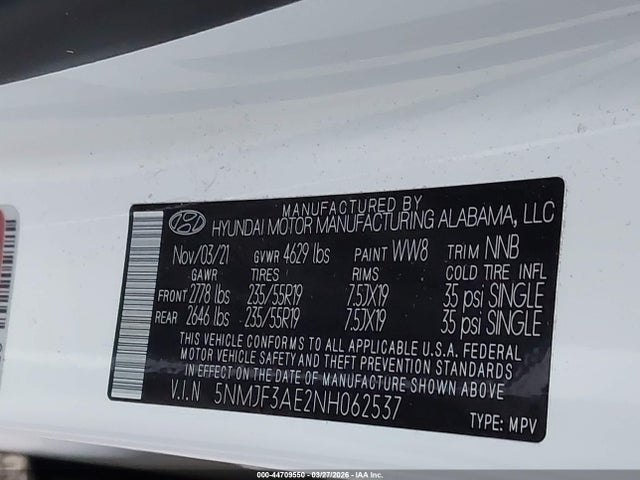 Aukcja sprzedaży 2022 Hyundai Tucson Sel, vin: 5NMJF3AE2NH062537, numer aukcji: 44709550