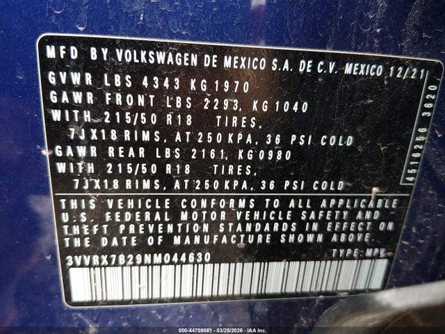 3VVRX7B29NM044630 Volkswagen Taos 1.5t Se