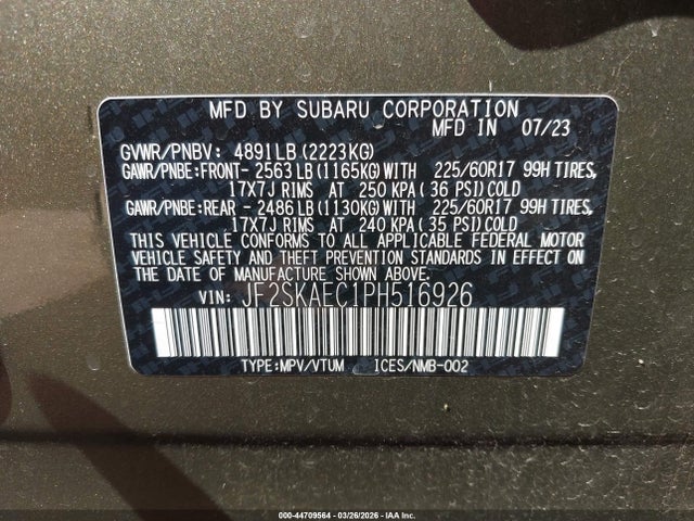 Продаж на аукціоні авто 2023 Subaru Forester Premium, vin: JF2SKAEC1PH516926, номер лоту: 44709564