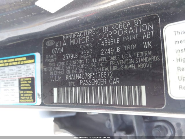 44709572 :رقم المزاد ، KNALN4D78F5176672 vin ، 2015 Kia Cadenza Premium مزاد بيع