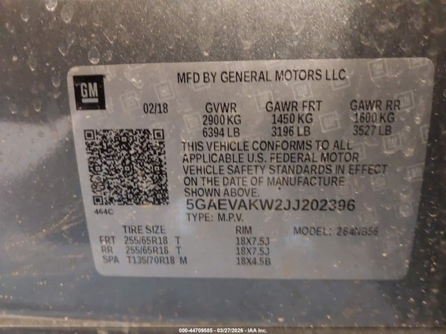 44709585 :رقم المزاد ، 5GAEVAKW2JJ202396 vin ، 2018 Buick Enclave Essence مزاد بيع