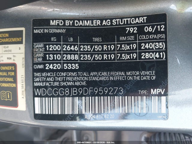 2013 Mercedes-benz Glk 350 4matic მანქანა იყიდება აუქციონზე, vin: WDCGG8JB9DF959273, აუქციონის ნომერი: 44709601