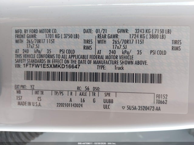 44709611 :رقم المزاد ، 1FTFW1E5XMKD16647 vin ، 2021 Ford F-150 Xl مزاد بيع