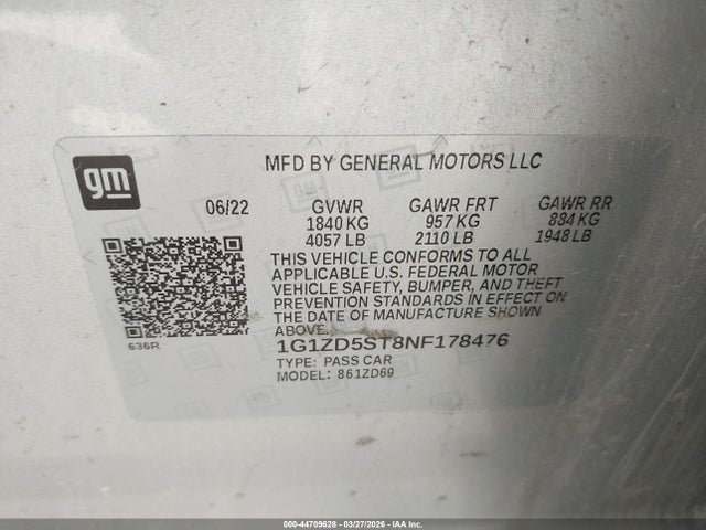Aukcja sprzedaży 2022 Chevrolet Malibu Fwd Lt, vin: 1G1ZD5ST8NF178476, numer aukcji: 44709628