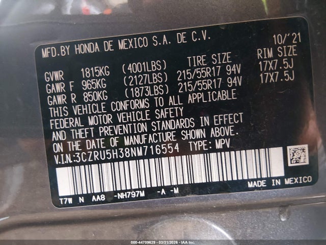 3CZRU5H38NM716554 Honda Hr-v 2wd Lx