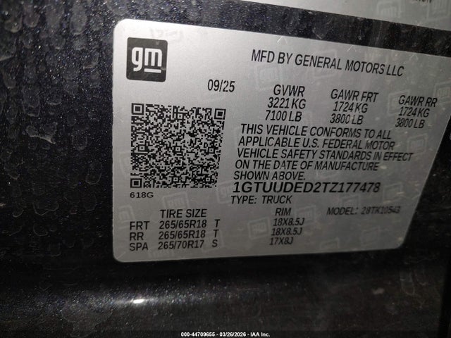 44709655 :رقم المزاد ، 1GTUUDED2TZ177478 vin ، 2026 Gmc Sierra 1500 , Short Bed, Slt, 4wd مزاد بيع