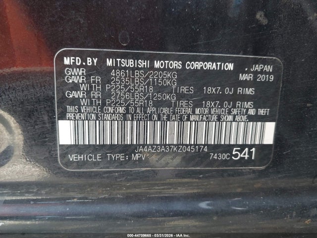 Продаж на аукціоні авто 2019 Mitsubishi Outlander Se, vin: JA4AZ3A37KZ045174, номер лоту: 44709665