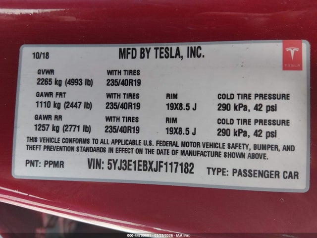 Продаж на аукціоні авто 2018 Tesla Model 3 Long Range/performance, vin: 5YJ3E1EBXJF117182, номер лоту: 44709681