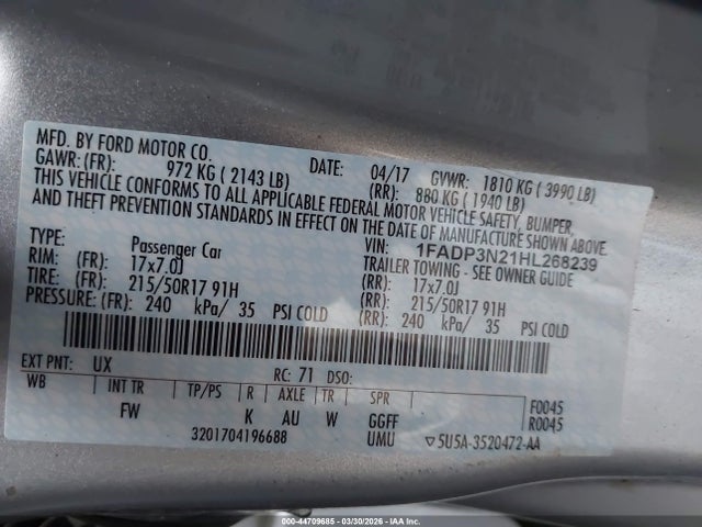 2017 Ford Focus Titanium მანქანა იყიდება აუქციონზე, vin: 1FADP3N21HL268239, აუქციონის ნომერი: 44709685