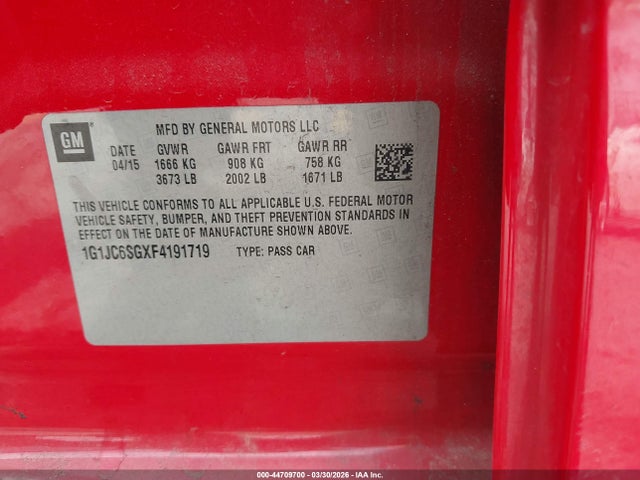 1G1JC6SGXF4191719 Chevrolet Sonic Lt Auto
