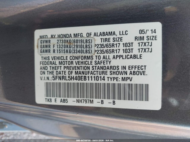 44709705 :رقم المزاد ، 5FNRL5H40EB111014 vin ، 2014 Honda Odyssey Ex مزاد بيع
