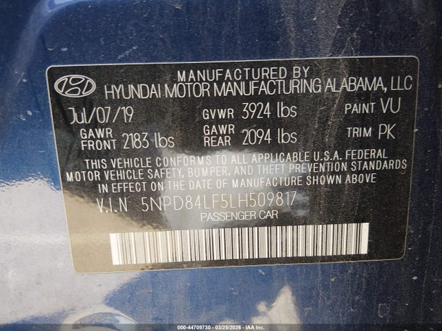 5NPD84LF5LH509817 Hyundai ELANTRA SEL