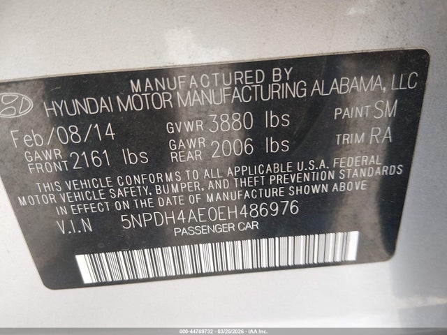 Aukcja sprzedaży 2014 Hyundai Elantra Se, vin: 5NPDH4AE0EH486976, numer aukcji: 44709732