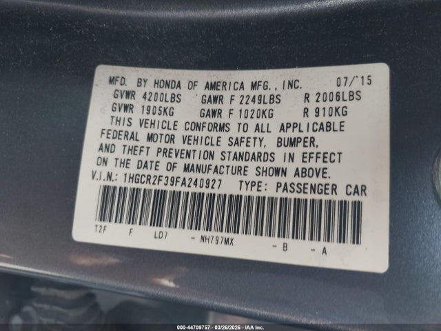 Honda ACCORD LX 2015 1HGCR2F39FA240927 Image 9