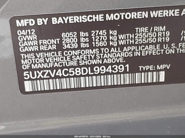 2013 Bmw X5 Xdrive35i/xdrive35i Premium/xdrive35i Sport Activity მანქანა იყიდება აუქციონზე, vin: 5UXZV4C58DL994391, აუქციონის ნომერი: 44709783