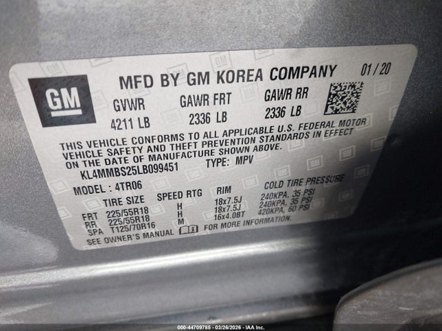 44709785 :رقم المزاد ، KL4MMBS25LB099451 vin ، 2020 Buick Encore Gx Fwd Preferred مزاد بيع