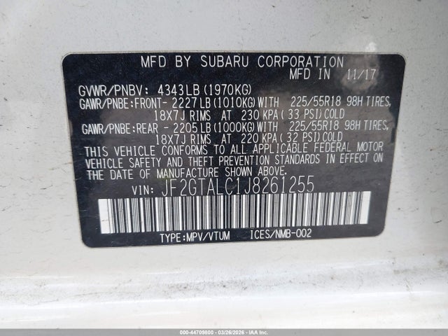 44709800 :رقم المزاد ، JF2GTALC1J8261255 vin ، 2018 Subaru Crosstrek 2.0i Limited مزاد بيع