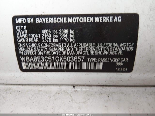 2016 Bmw 328i Xdrive მანქანა იყიდება აუქციონზე, vin: WBA8E3C51GK503657, აუქციონის ნომერი: 44709813