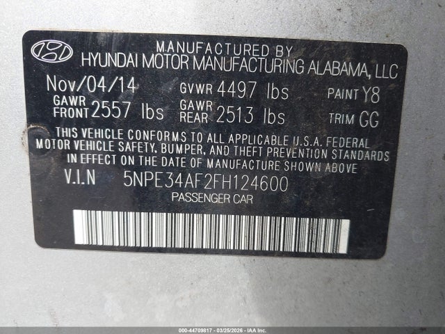 Hyundai Sonata Limited 2015 5NPE34AF2FH124600 Image 9