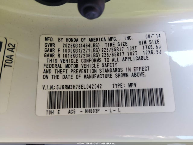 5J6RM3H76EL042042 Honda Cr-v Ex-l