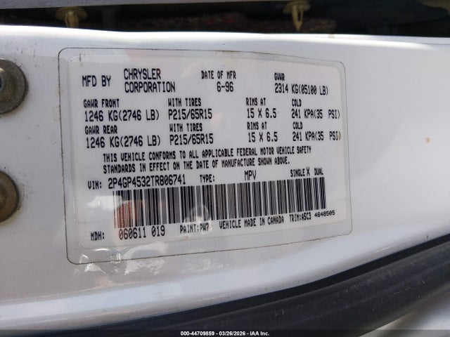 Продажа на аукционе авто 1996 Plymouth Voyager Se, vin: 2P4GP4532TR806741, номер лота: 44709859