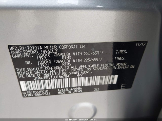 44709864 :رقم المزاد ، JTMRJREV1JD186784 vin ، 2018 Toyota Rav4 Hybrid Xle مزاد بيع
