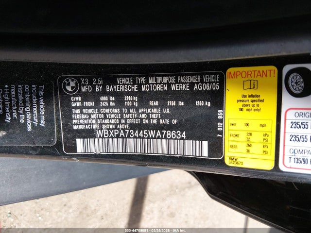 44709881 :رقم المزاد ، WBXPA73445WA78634 vin ، 2005 Bmw X3 2.5i مزاد بيع